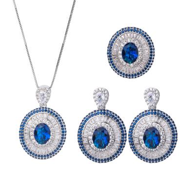 China Vintage Women Luxury Zirconia Oval Pendant Necklace Ring Earrings Blue Gemstone Jade Crystal Jewelry Set for sale