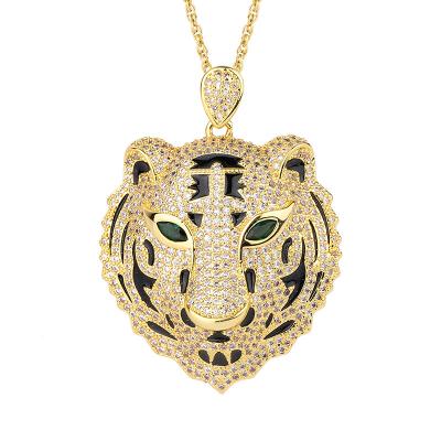 China Tiger Punk Head Cavity Green Eye Style Animal Gold Plated Brass Jewelry Chains Necklace Maker for sale