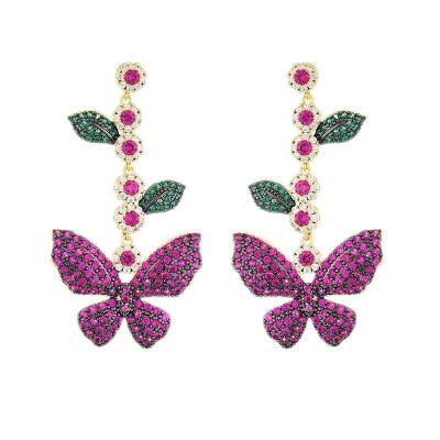 China Fashion TRENDY European and American color micro-inlaid zircon earrings butterfly leaf tassel temperament long earrings for women for sale