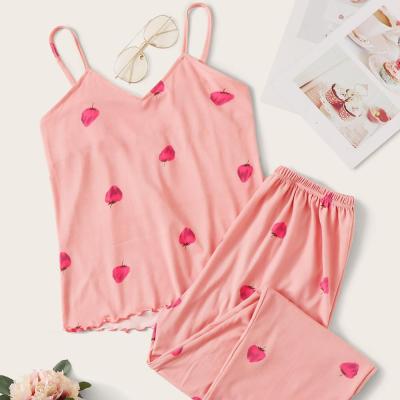 China Breathable Sexy Strawberry Printed Summer Suspender Ladies Pajamas for sale