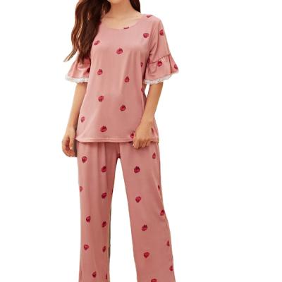 China Breathable Wholesale Summer Comfortable Strawberry Printed Ladies Suit Pajamas for sale