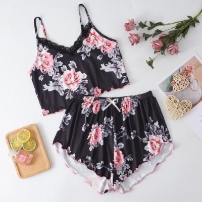 China QUICK DRY summer soft pajamas new and cute style suspender flower printing two-piece pajamas for sale