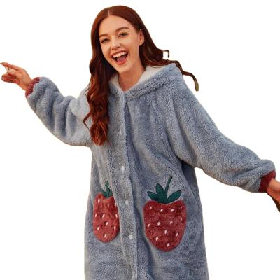 China Winter Strawberry Pocket Design Long Robe Pajamas Thermal Velvet for sale