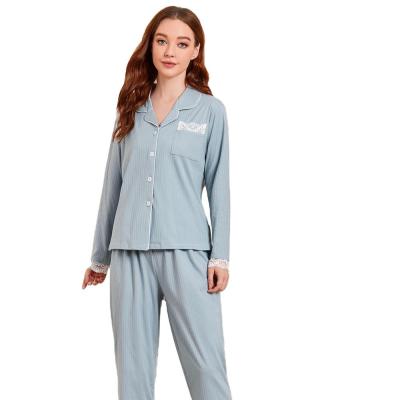 China Autumn And Winter Lapel Button Pocket Lace V-Neck Women's Breathable Pajamas for sale