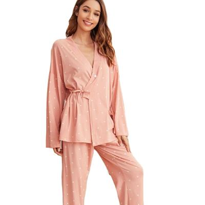 China Wave Dot Bandage Kimono Breathable Long Sleeve Pants Ladies Pajamas for sale