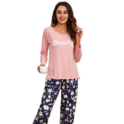 China Breathable Winter Comfortable Pink Long Sleeve Printed Pants Suit Ladies Pajamas for sale