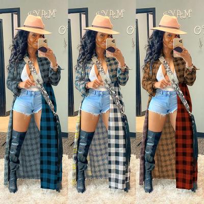 China Wholesale 2021 fall anti-shrink women clothes casual fashion plus size plaid print patchwork super long coat women's jackets for sale