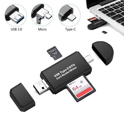 China Plastic 3 in 1 Micro USB Type C OTG Card Reader USB Combo 2 Slot TF SD Card Reader Black for sale