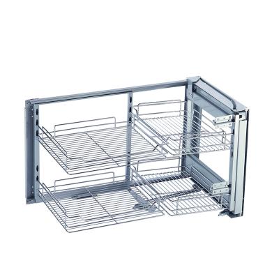 China Latest Modern Kitchen Storage Magic Corner Drawer Basket 2 Tier Sliding Buffet Organizer Drawer Soft Stop Pull Basket for sale