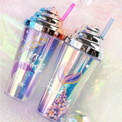 China New Arrival Novelty Viable Fancy 420ml Glitter Kids Straw Beverage Plastic Electroplating Drinking Cup for sale