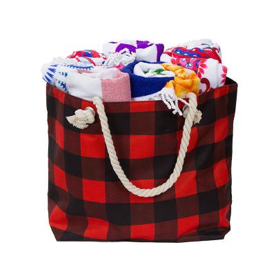 China Custom Red Black Rope Handle Plaid Polyester Fabric Ladies Travel Tote Bag Storage For Daily Necessities for sale