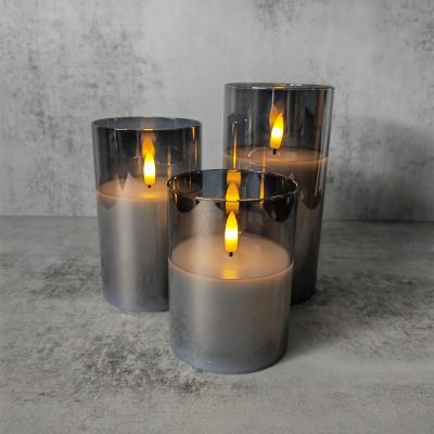 China Pure White Real Wax Set of 3 Battery Operated  Flameless Flickering 3D Real Flame Electronic Wax LED Candle in Grey Glass Jar with Remote and Timer for sale