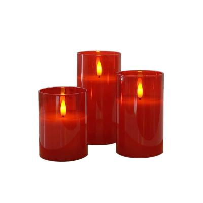 China Pure White Real Wax Set of 3 Battery Operated  Flameless Flickering 3D Real Flame Electronic Wax LED Candle in Red Glass Jar with Remote and Timer for sale