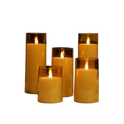 China Durable acrylic cup 3''x4''5''6''7''8'' Gold Flameless Flickering New 3D Wick Acrylic LED Plastic Pillar Candle Set with LED Remote Control & Timer for sale