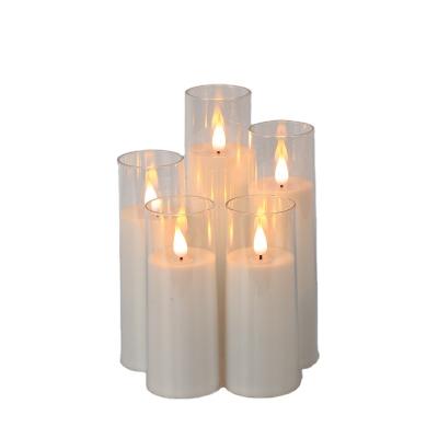 China Durable acrylic cup 2.2''x5''6''7''8'' Clear Flameless Flickering New 3D Wick Acrylic LED Plastic Pillar Candle Set with LED Remote Control for sale