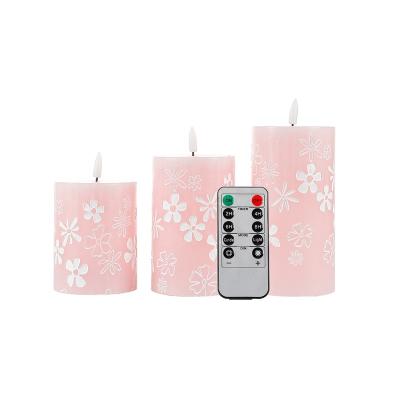 China Flower painted New Arrival Real Wax Flameless Romantic Pillar Flower Painted Pink LED Candles with 3D Wick and Remote Control, Set of 3 for sale