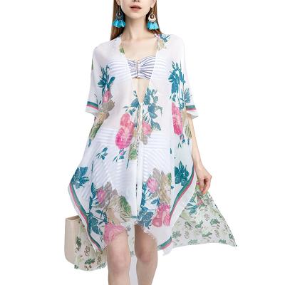 China Cotton Women Flower Printed Beach Cover Up Summer Swimsuit Bikini Chiffon Cover Up Swimwear Short Beach Dress Bathing Suit Tunic Swimmi for sale