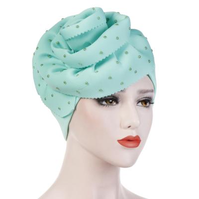 China RELIGION Women Large Flower Turban Hat With Beads India Muslim Hairnet Chemo Cap Flower Bonnet Beanie Headwear Hats for sale