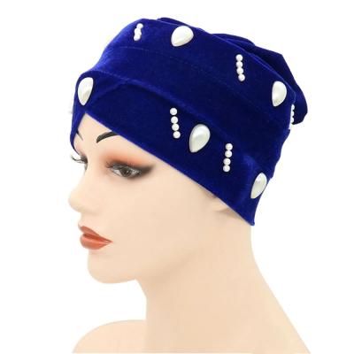 China RELIGION Fashion Women Elastic Velvet Beads Muslim Turban Covers Hijab Islamic Musulman Femme Headscarf Indian Hat Turbante Mujer 4 for sale