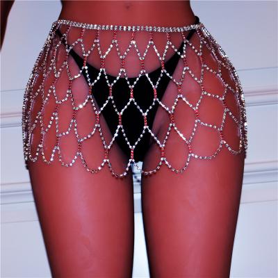 China Red Luxury Rhinestone Tassel Crystal Waist Chain Thong Fashion Bikini Dance Skirt Body Chain Jewelry for sale