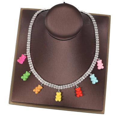 China Hip-hop Cute Colorful Rhinestone Bear Necklace Unisex Clavicle Crystal Chain Jewelry for sale