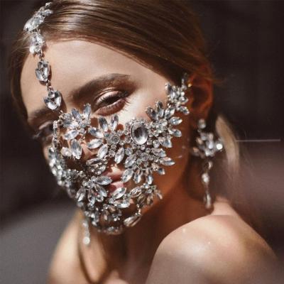 China Fashionable Luxury Large Crystal Mask Face Jewelry For Women Bling Rhinestone Halloween Cover Face Mask Decoration for sale