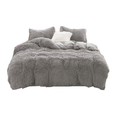 China Luxury Winter Folded Warm Plush Long 3 Piece Gray Fluffy Faux Fur Duvet Cover Set Set with Mink Velvet Bedsheet Bedding Linen Set for sale