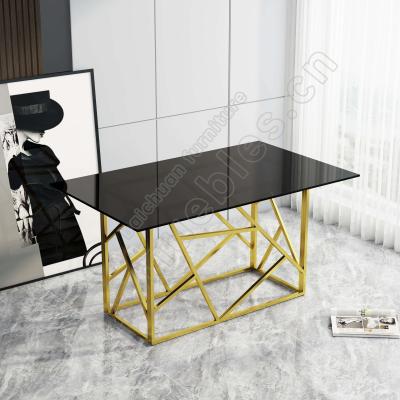 China New modern cheap dining rectangular glass dining table set of 4 modern style top and metal leg furniture restaurant chairs for sale