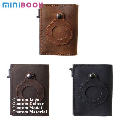 China Vintage Minibook New Design Rfid Leather Wallet Credit Card Holder Multifunctional Blocking Genuine Leather Stand For Airtags Case for sale