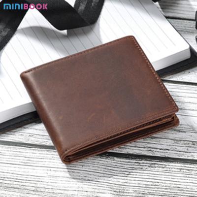 China Custom vintage Minibook logo short card holder purse, multifunctional multicard leather wallet, three times rfid genuine leather wallets for sale