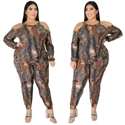 China Soft Ready To Ship Fall Fall Plus Size Two Piece Long Sleeve Sets Snake Print Off The Shoulder Two Piece Pants Sets for sale