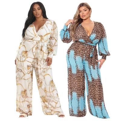 China 2021NEW Fall V-Neck Breathable Chiffon Long Sleeve Overalls One Piece Jumpsuit Plus Size Jumpsuit 4XL 5XL for sale