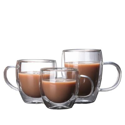 China Sustainable Wholesale Modern Heat Resistant Double Wall Mug Clear Glass Coffee Mugs Tea Cup With Handle for sale