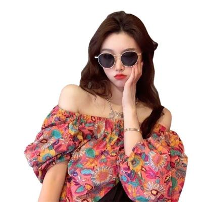 China Others 2022 spring and summer new off-shoulder sunflower shirt fried street wide loose salt style soft chiffon preppy shirt for sale