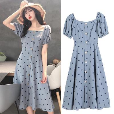 China 2022 Summer Washable Plump Dress Girls New Slimming Polka Dot Dress Spring Chiffon Square Collar Puff Sleeve Belly First Covering Chiffon for sale