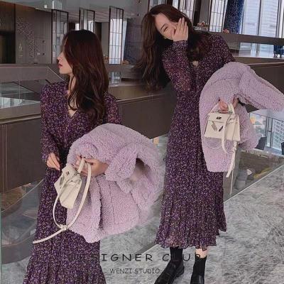 China Washable Spring and Autumn Korean Style Purple Floral Dress Retro V-Neck Basic Waist-Tight Slim Look Dress New French New Long for sale