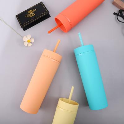 China Viable Wholesale Designer 16Oz Matte Skinny Acrylic Tumbler With Bubble Tea Black Straw for sale