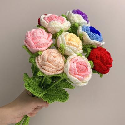 China Valentine's Day Gift Artificial Flower Wool Luxury Wholesale Finished Products Crochet Flower Hand Knitted Flower for sale