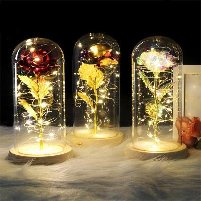 China Luxury Artificial Valentine's Day Gifts Enchanted Rose Gold Foil Rose Led Lamp 24k in Glass Dome Decorative Flowers with Lights for sale