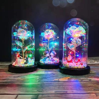 China Popular Luxury 24K Galaxy Roses With Led Light In Glass Dome For Mothers Day Valentine Day for sale