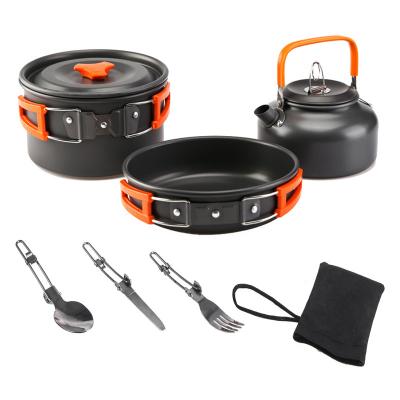 China Gas Cooker 3 in 1 Outdoor Pot Pan Kettle Camping Cookware Alumina Kit Rising Folding Picnic Self-Motor Cooking Pot Tableware Teapot Set for sale