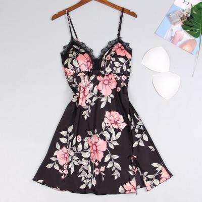 China New QUICK DRY spring and ice printing lace autumn pajamas female halter silk strap nightgown sexy loungewear for sale