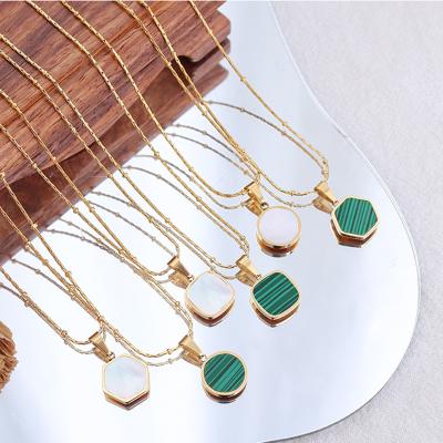 China High Polished And Non Tarnish XiuYuan Geometric Round Square PVD 18k Gold Pentagon Green White Pearl Pendant Shell Necklace Jewelry For Women for sale