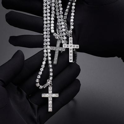 China Hip Hop High Polished Silver Stainless Steel 4mm CZ Tennis Chain Diamond Cross Necklace for sale