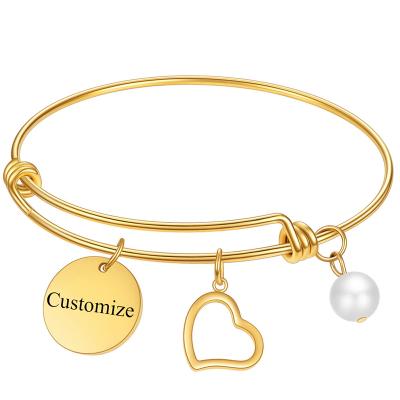 China Sweat-Resistant Stainless Steel Custom Engraved Gold Charm Bangles Adjustable Bracelets for sale