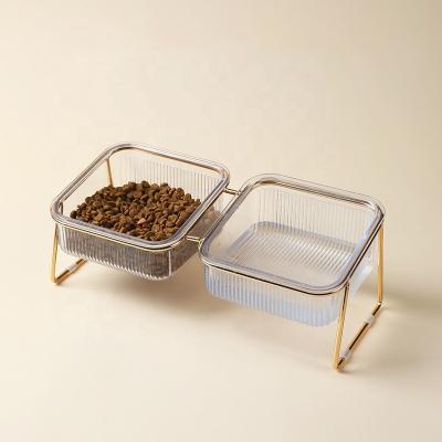 China New Neck Guard Iron Shelves Pet Double Bevel Double Bowl Non-automatic Transparent Pet Water Bowl Double Food Bowl for sale