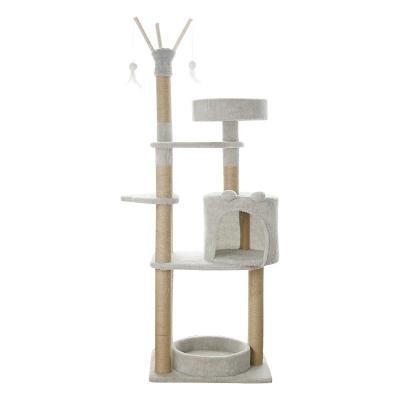 China Gray Elegant Plush Kitten Wooden Rooms Sustainable Pet Entertainment Striping Post Tower Cat Tree Platform For Indoor Cats for sale