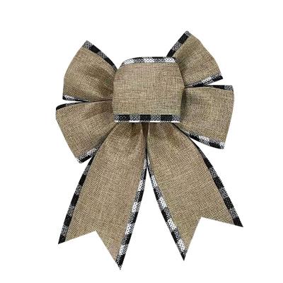 China Factory Wholesale Printed High Tenacity Burlap Christmas Tree Wired Pre-made Ribbon Bow For Gift Box Decoration for sale