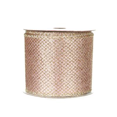 China Hot Selling Viable Mesh Ribbon Decorating Glitter Christmas Gold Wired Ribbon For Christmas Tree Band for sale