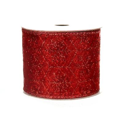 China Sustainable Customizable Christmas Wired Gold Glitter Decorative Mesh Ribbon Xmas Day For Gift Wrapping for sale